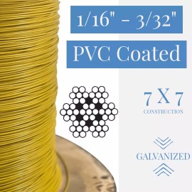 Laureola Industries 1/16" to 3/32" PVC Coated Yellow Color Galvanized Cable 7x7 Strand Aircraft Cabl - 50 ft