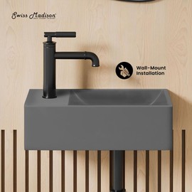 Swiss Madison Lisse 16" Concrete Rectangle Wall-Mounted Sink with Left Side Faucet Mount in Matte Dark Gray
