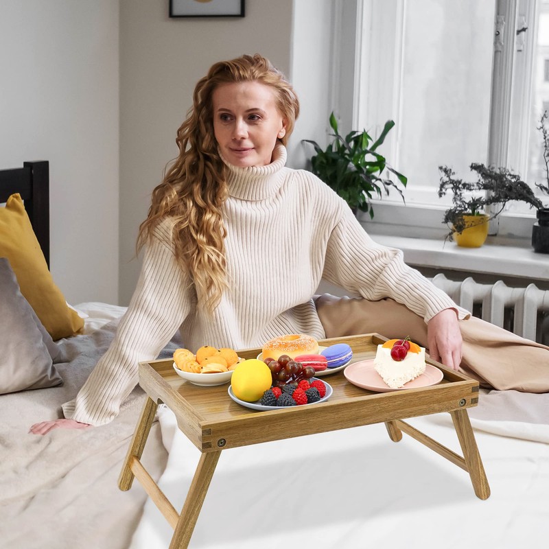 VaeFae Acacia Bed Table Tray, Wooden Breakfast Tray with Folding