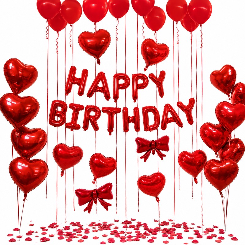 Red Birthday Balloon Set with Heart Foil Balloon - Romantic