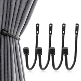 4 Pcs Curtain Holdbacks, Wall Mounted Metal Drapery Tiebacks, Decorative Curtain Tieback Hook, Heavy Duty Metal Window Drapery Holder, Black