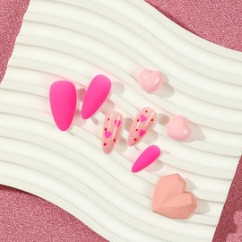 Valentine's Day Press on Nails Pointed Medium Fake Nails with Rose Red Heart Designs False Nails Full Cover Glue on Nails Stick on Nails Reusable Valentine Romantic Nail Decoration for Women 24Pcs