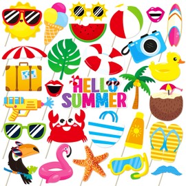 Summer Pool Beach Photo Booth Props 30 Pack Pool, Hawaiian, Beach, Luau Photo Booth Props, Tropical Themed Party with Stick and glue for Summer/Pool/Tiki/Hawaiian Party Supplies decor Photobooth Kit