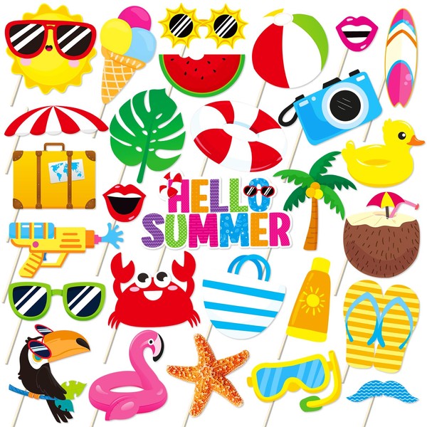 Summer Pool Beach Photo Booth Props 30 Pack Pool, Hawaiian,