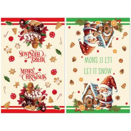 2pcs Christmas Kitchen Dish Towels, 23.6x15.7in Santa Kitchen Towels Elk Deer Hand Towels Plaid Xmas Kitchen Towels Housewarming Decor Gifts for Kitchen (Style 2, Red & Green)
