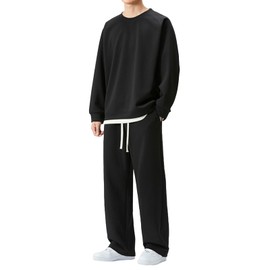 Unibays Men's Room Wear, Top and Bottom Set, Long Sleeve, Thin, Sweatshirt, Setup, Loungewear, Faux Layered, Spring, Autumn, Winter, Black, L