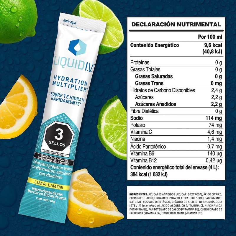 Liquid I.V.® Hydration Multiplier® sabor Lima-Limón, caja con 16 sobres
