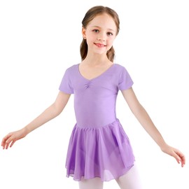 Children's Ballet Dress, Girls’ Short Sleeve Cotton Ballet Leotard, Dance Dress, Dance Body with Chiffon Skirt Tutu, purple