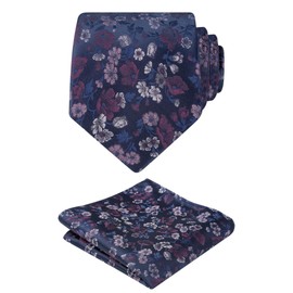 Alizeal Mens 3.15inches Flower Patterned Tie with Floral Printed Pocket Square, 109-navy/Purple, One Size
