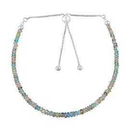 AA+ Natural Ethiopian Opal Gemstone Beads Bolo Bracelet, Adjustable Slider Chain, Energy Stones, Chakra Healing Crystals, Silver Plated, Gift for Women, Birthstone, Gemstones Jewelry,10 inch