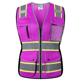 HATAUNKI Reflective Safety Vest for Women Mesh High Visibility Vest with 8 Pockets and Front Zipper High Vis Vest Work Vests Meets ANSI/ISEA Standards(Purple-16, Large)