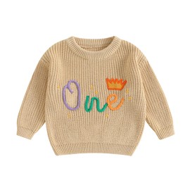 MAHUAOYIXI Baby Boy Girls First Birthday Sweater Long Sleeve Crew Neck Letter Crown Embroidery Ribbed Knit Pullover Jumper Toddler Clothes Warm Knitwear Birthday Gift (Beige, 12-18 Months)