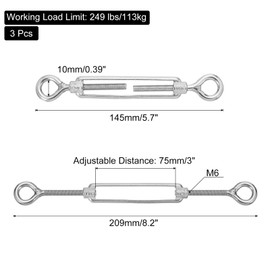 MECCANIXITY M6 Eye and Eye Turnbuckles for Cable Wire Rope Tension, 304 Stainless Steel Turnbuckle Adjustable for Shade Sail String Light Hanging Pack of 3