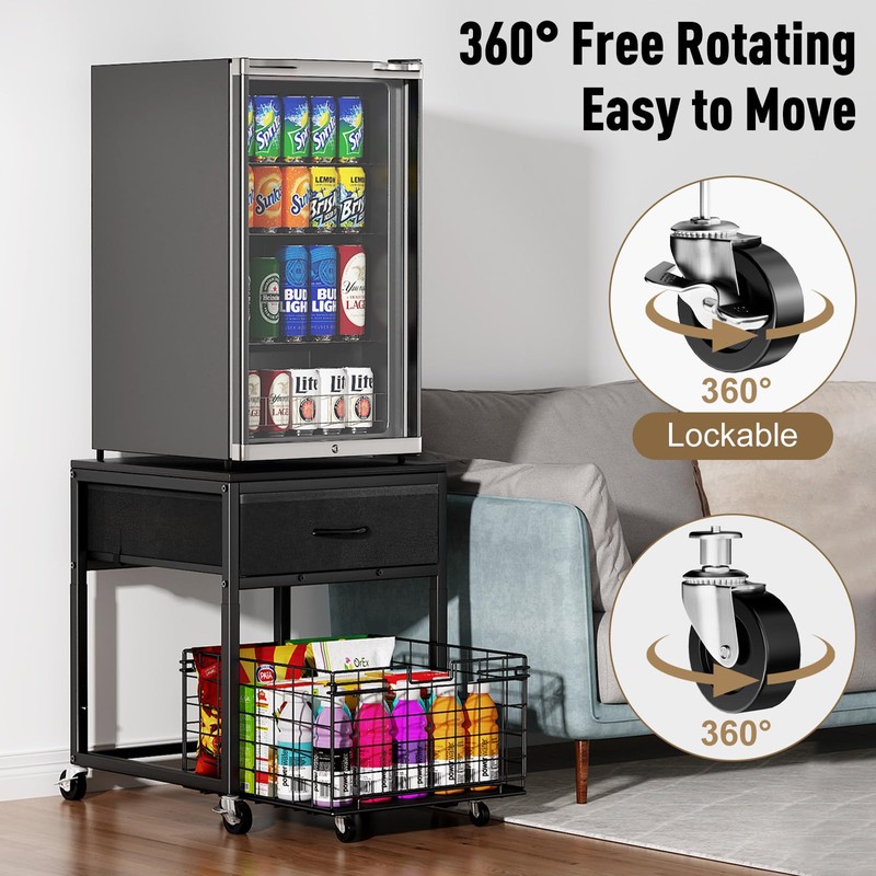 Housolution Mobile Mini Fridge Stand with Storage, Height-Adjustable Mini Beverage