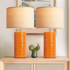 PARTPHONER 23" Modern Ceramic Table Lamp Set of 2, Table Lamps for Living Room, Rustic Farmhouse Bedside Lamps Nightstand lamp for Bedroom, Desk Lamp for End Table Home Decor Orange
