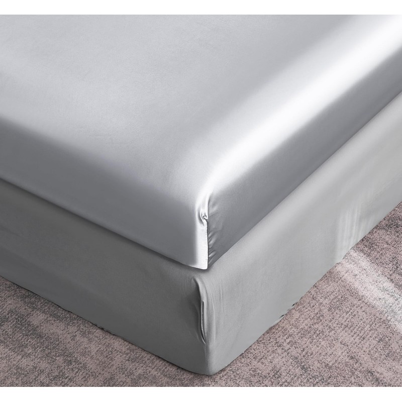 DuShow Satin Fitted Sheet Super King Sliver Grey,Silky Deep Pocket