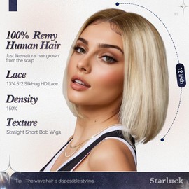 starluck SilkHug HD Lace Front Wigs Human Hair Glueless Pre-plucked Pre-cut Bob Real Human Hair Ombre Blonde-P4/8/60 Wigs for Women Middle Part 12" Lenght Straight Wig 150% Density 13"×4"×2.5"