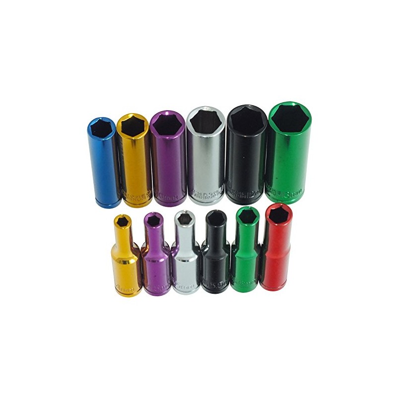 Voche® 12 Piece 1/4" Deep Coloured Colour Chrome Vanadium Sockets