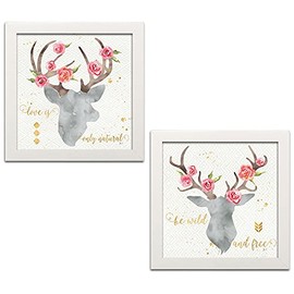 Gango Home Décor Lovely Watercolor-Style Floral Deer Head Silhouette by Jess Aiken; Cabin Decor; Two 12x12in White Framed Prints