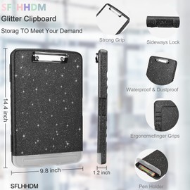 Glitter Clipboard with Storage,Storage Clipboard with Pen Holder,A4 Binder Clip Boards 8.5x11 with Low Profile Clip,Side Opening Sparkle Clipboards,Plastic Clipboard Folder for Office Supplies-Black