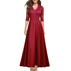 REPHYLLIS Women's V Neck Lace Vintage Formal Bridesmaid Wedding Long Dress Red