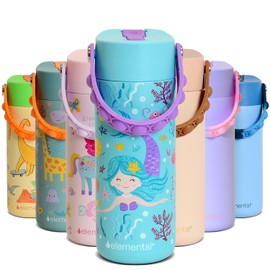 Elemental Insulated Kids Water Bottle, Stainless Steel Water Bottle with Straw Lid & Pop-It Handle, Leak-Proof Water Bottles for School, Boys or Girls, Travelling and Sports, 18oz - Mermaid