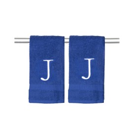 Decorvo Navy Hand Towel for Bathroom - Monogrammed Initial Hotel Quality Decorative Embroidered Towel for Powder Room, Spa - GOTS Organic Certified Set of 2 White Letter J