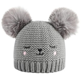 XYIYI Grey Baby Kids Winter Warm Knit Hat Cute Bear Infant Toddler Crochet Fur Pom Beanie Cap for 6-24Months Boys Girls