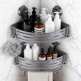 OSLIFE Esquinero para Baño Regadera, 2 Piezas Estante para Baño con Ganchos y Barra para Toallas, Organizador de baño Mueble Antióxido con Ventosa Fácil Instalar