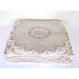 ICC Large Square Floor Pillow Cover Hippie Ottoman Pouf Cover Daybed Cotton Mandala Cushion Cover with Heavy Duty Zipper Seating Ottoman Poufs Dog-Pets Bed (White Gold Ombre, 35" Square)