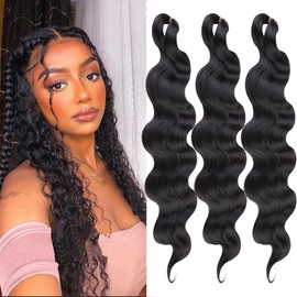 COOKOO 3 Packs Body Wave Braiding Hair 18 inch Natural Black Pre-Feathered Braiding Hair Bouncy Wavy Crochet Hair French Curls Crochet Hair Synthetic Hair Extensions for Boho Box Braids(1B#)