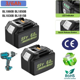 Dreamdash 18Volt For Makita 18V 6.0Ah/3.0Ah  Li-Ion Battery BL1830 BL1850 BL1860 BL1840 - 2pcs 18.0V3.0AH