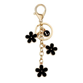 TTYY Black Flower Keychain with Alphabet Charm, Cute Initial Letter Keyring for Women Girls, Nice Floral Key Chain for Handbag Purse Backpack