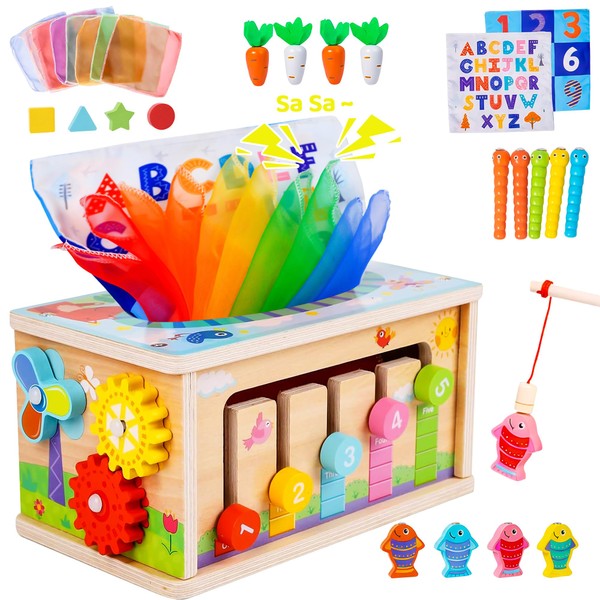 Mummed Montessori Baby Wooden Tissue Box Toy 6-in-1 Sensory Tissue