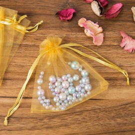 Gmnosuw 50pcs Organza Drawstring Gift Wrap Bags for Jewelry,Solid Color Sheer Fabric 4x6 Inches Mesh Gold Recycled Room Decor Sachet for Baby Shower,Christmas,Birthday,Party Favors,Wedding,Graduation