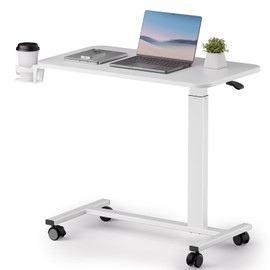 COMHOMA Adjustable Overbed Bedside Table with Lockable Wheels, Pneumatic Mobile Standing Laptop Desk, Small Standing Desk Portable Rolling Overbed Table Hospital Home Use(32" W x 18" D, White)