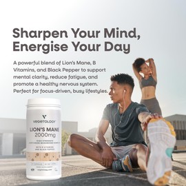 Vegetology Lions Mane Supplement, 2000mg High Strength Mushroom Complex with B Vitamins and Black Pepper, Supports Mental Clarity, Energy & Nervous System, 60 Vegan Capsules, Age 11+