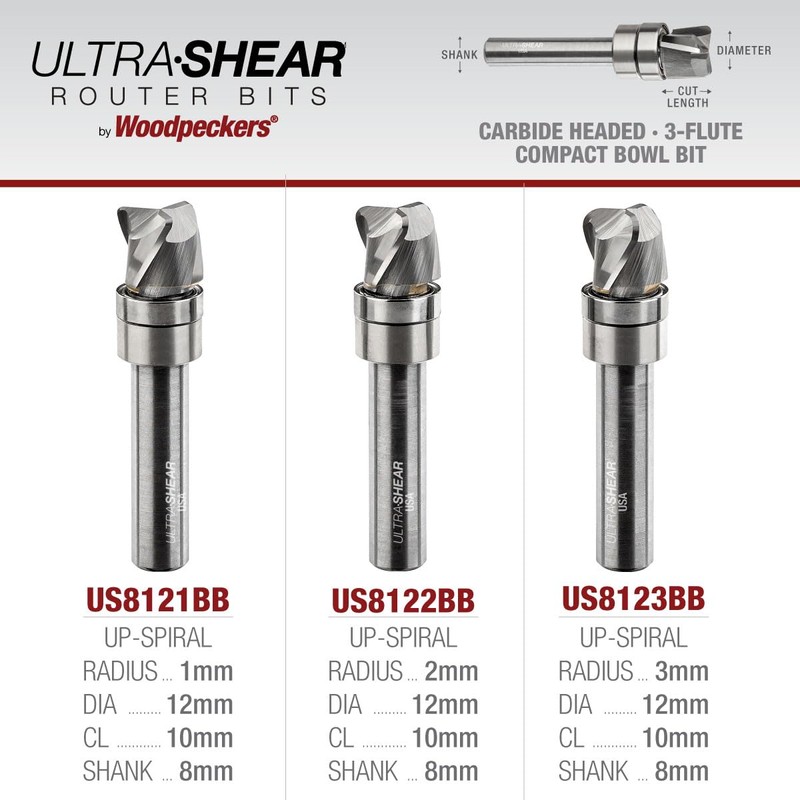 Ultra-Shear Compact Bowl Router Bits, 8MM Shank, 2MM Radius, 3