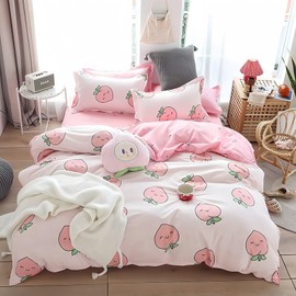 Tabeskly Kids Girls Bedding Set Single, Pink Strawberry Cute Soft Zipper Childrens Full Bed 3 Piece Cover Duvet Quilt Covers and Pillowcases - Small Mildly Cosy Budget Bedclothes 135×200cm