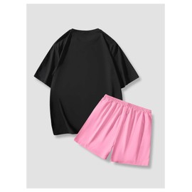 GORGLITTER Men's 2 Piece Outfits Bear Letter Print Graphic Tee and Drawstring Waist Track Shorts Set, Black and Pink Cartoon, Medium