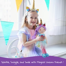 June Garden 16" Unicorn Doll Anya - Pink Hair Plush Rag Doll for Toddler Girls - Soft Companion Gift for 2+ Years - Pink Dress