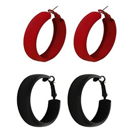 2Pairs Matte Geometric Round Circle Hoop Earring Set for Women Retro Fluorescent Color Statement Earring Wedding Holiday Christmas Party Holiday Jewelry-A red black