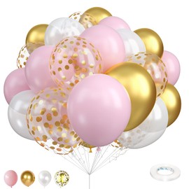 Balloons Pink White Gold, 12 Inch Pastel Pink Pearl White Metallic Chrome Gold Confetti Latex Balloons, Baby Pink Gold Party Balloons Set for Girls Baby Shower Birthday Princess Party Decorations