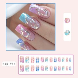 SUREGONAILS Press on Nails Medium Square Fake Nails Acrylic False Nails with Colorful Clouds Design Glossy Acrylic Nails Full Cover Glue on Nails for Women 24 Pcs