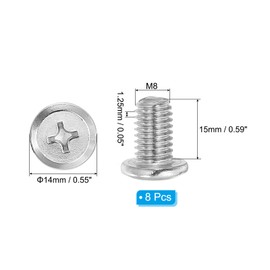 PATIKIL Flat Round Head Phillips Screws, 8 Pack M8-1.25 x 15mm Binding Screws 304 Stainless Steel 18-8 Full Thread, Phillips Drive Machine Screw Furniture Screw Connector Bolts