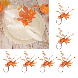 Utalek Fall Thanksgiving Napkin Rings Set of 6, Eucalyptus Leaf Napkin Rings, Pumpkin Harvest Maple Leaves Napkin Ring Holder for Fall Banquet, Thanksgiving, Autumn Party, Wedding, Dinner Table Decor