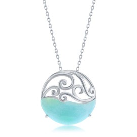 Beaux Bijoux Wave Design Natural Larimar Gemstone 18” Pendant Necklace | Sterling Silver Necklace Jewelry for Women or Teens