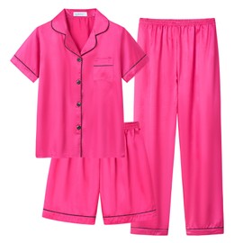 CYCHELRY Little Big Girls Rose Red Satin Pajamas Summer Short Sleeve and Pants Button Down Silky Nighty PJS 3PCS Sleepwear Set Size 8
