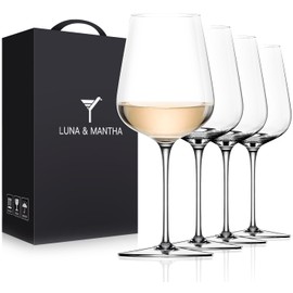 LUNA & MANTHA White Wine Glasses Set of 4, Crystal Wine Glasses with Stem, Hand Blown 14oz, Perfect for Red，White Gift Packaging for Daily Use, Father's Day, Wedding Anniversary or Birthday