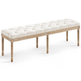 LUE BONA 60" Fabric End of Bed Bench, Upholstered Tufted French Bedroom Bench with Carved Legs for Bedroom End of King Size Bed, Living Room, Beige